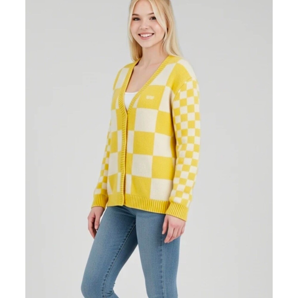 Vans Yellow and White Checkered Knit V-neck Cardigan Size Small
